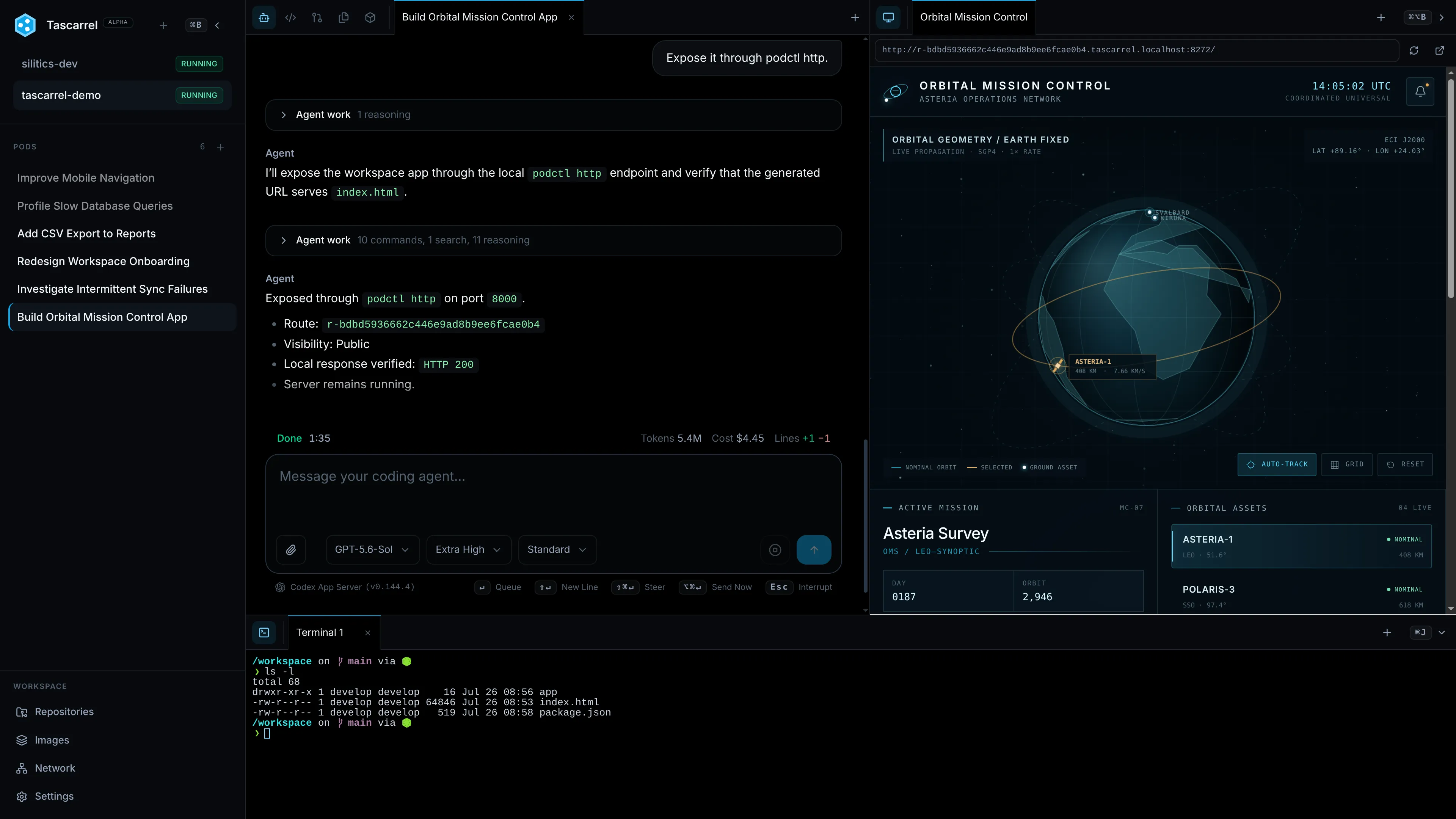 Tascarrel showing workspace and pod navigation, a Codex agent session, and a live application preview side by side